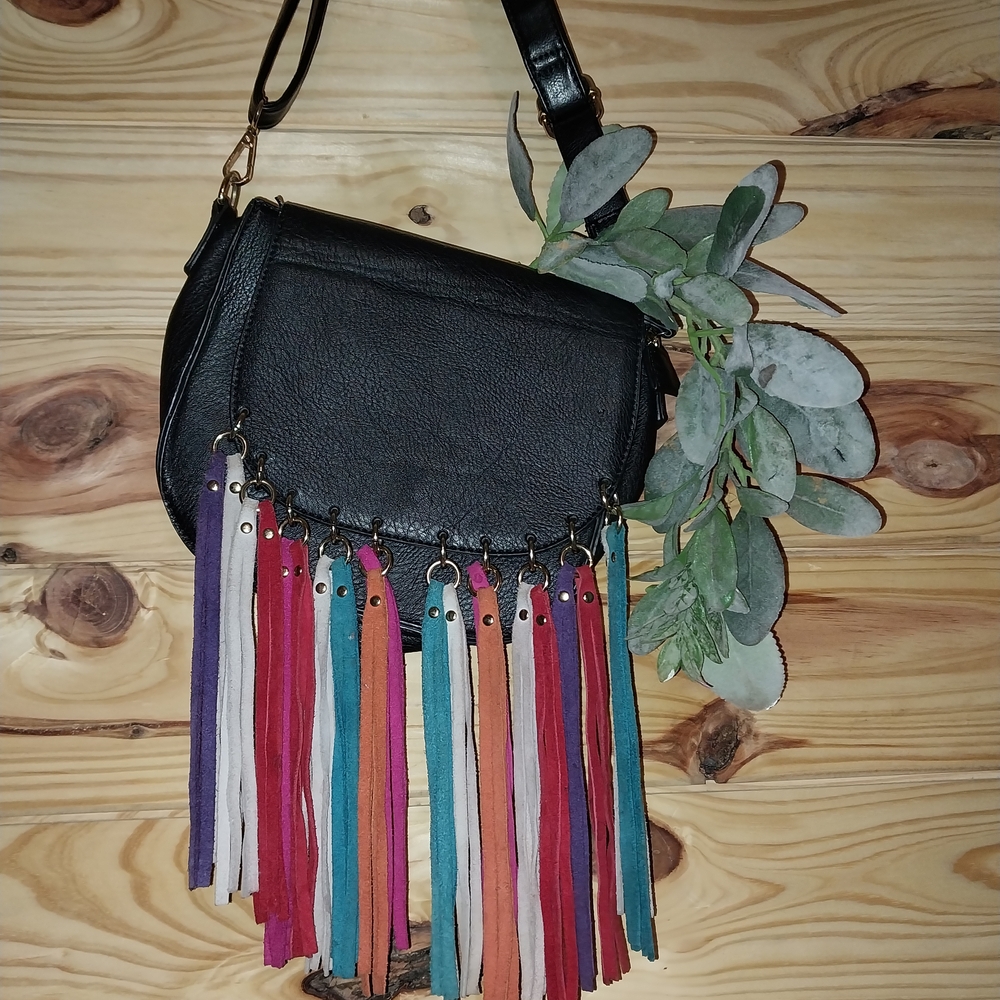 Madison West Black Crossbody Bag with Multicolor Fringe